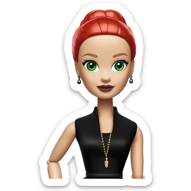  Wednesday Addams Barbie.  Small green eyes with light skin face. Earrings with matching necklaces Longer red hair. black flowing strapless tight evening gown neckline that’s off-the-shoulders shows her legs and black high heel shoes. sticker