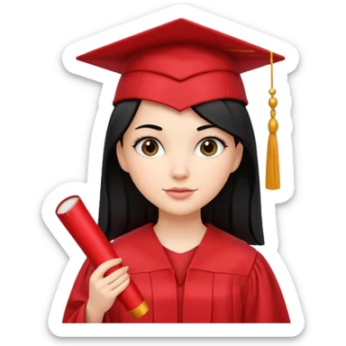 white girl with straight black hair in a red graduation cap and gown, holding diploma sticker