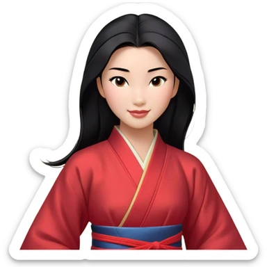 Cinematic Realistic Radiant Mulan Portrait, presenting Mulan with a warm, confident smile and lifelike light-toned skin that appears almost luminous under natural daylight. Her sleek black hair is rendered in meticulous detail, and her traditional robe—accented with understated red highlights—is depicted with realistic fabric textures and folds. The overall image exudes a gentle, inviting glow, high shine, and refined detail that captures her poised elegance and inner resilience in a painterly, authentic style. sticker