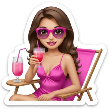 girl with long wavy brown hair, brown eyes, long lashes makeup, sexy pink lips, smiling, light to medium complexion, wearing a pink sexy silk top, relaxing in a beach chair, wearing black sunglasses, holding a drink, palm trees  sticker