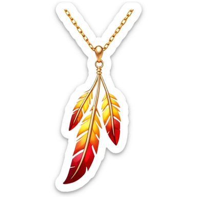 glowing ruby pendant shaped like a phoenix feather, red-yellow gradient, chain suspended midair with rebirth aura sticker