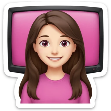 happy long haired brunette girl hazel eyes in pink watching tv sticker
