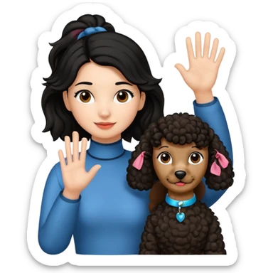 Ponytail black hair girl with brown Poodle say goodbye  sticker