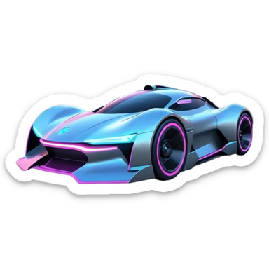 A futuristic racing car with glowing neon lights, sleek aerodynamic design, and a cyberpunk cityscape in the background. The car is speeding through a neon-lit street with high-tech buildings and holograms." sticker