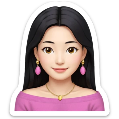 South Korean girl in her mid-thirties with long black hair and a middle part. She is wearing a pink colored, off the shoulder long sleeve knit sweater. She has small gold earrings and a gold necklace. She has brown eyes with narrow, mono lid shape and smiling with lips together sticker