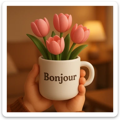 A pair of hands holding a white mug filled with pink tulips, with the word "Bonjour" written on the mug, in a 3D iOS style, with a warm, cozy setting. sticker