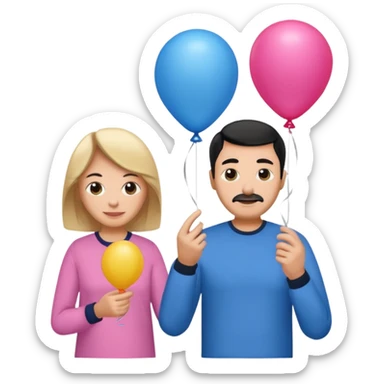 Mom in pink shirt dad in blue shirt holding 1 baloon black sticker