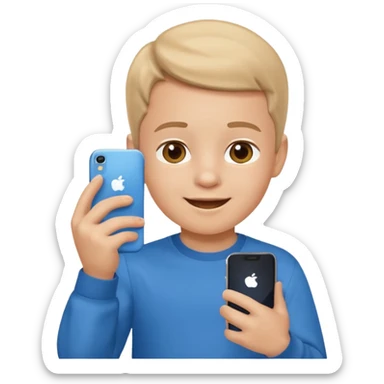 happy little kid with a phone, apple style emoji, wearing a blue shirt, concise style typical of apple emojis sticker