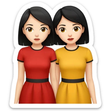 2 girls gossiping secretly. both are fair and have black hair. One has short hair and is tan, one has long hair and is fair. One is wearing yellow, one is wearing red sticker