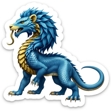 Mušḫuššu, blue scaled serpentine body, lion mane, front lion forelegs, back eagle hind legs, long neck, head split half dragon half lion, lizard tail, snake tongue, no wings, ancient and divine sticker