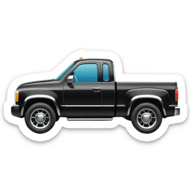 A simple emoji-style icon of a black pickup truck driving on a road with motion lines behind it, viewed from the side, shiny black color with chrome details, minimal flat design, vibrant colors, transparent background sticker