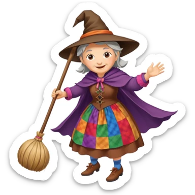 Befana flying on a broomstick: friendly old witch with a warm smile, big nose, rosy cheeks, wearing a colorful patchwork dress and shawl, riding a classic wooden broom. sticker