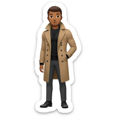 Handsome Black guy with brown skin tone, with lean muscular build, wearing black slacks, a gray sweater, long brown pea coat, and black shoes sticker