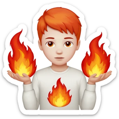 A boy with no hands fire instead made out of red fire and the boy is wearing a white shirt that has a sign that says FIRE CREATOR  sticker
