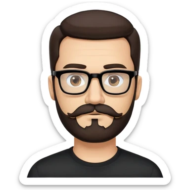 Caucasian male, medium-length hair straight dark brown hair combed back, thick dark eyebrows, rectangular black eyeglasses, full beard and mustache neatly groomed, neutral facial expression, wearing a black crew neck shirt. sticker