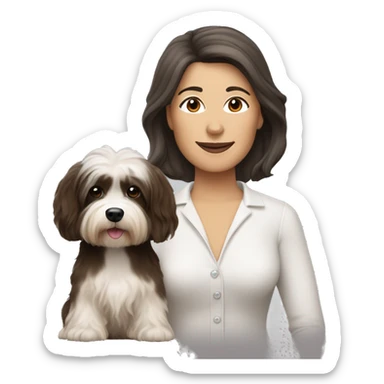 tan skinned middle aged woman with brown hair, with black and white havanese dog sticker