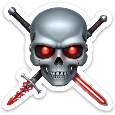Sci-fi shield badge, terminator style skull, glowing red eyes, crossed futuristic sword energy, starwars light sable, no background sticker