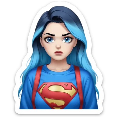 Female-Very tall-very very very large chest-really angry-waiting for a text-very long straight flat black to sky blue hair ombre-blue eyes-black eyeliner-long eyelashes-iridescent superman sweatshirt with glitter superman logo-overalls-lip pierced sticker