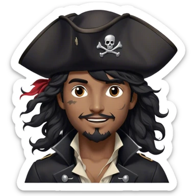 A charismatic pirate with wavy black hair tousled by the breeze. His silver-embroidered tricorn hat casts a shadow. Dark eyes glint with mischief as he looks to the side, a knowing smile on his lips. His black coat, adorned with silver buttons, shifts with the wind sticker