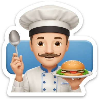 Est-ce que tu peux me faire un chef cuistot qui ressemble à Philippe Etchebest et qui est devant un restaurant? Est-ce que tu peux le faire souriant, avec une moustache de cuistot? 
 sticker
