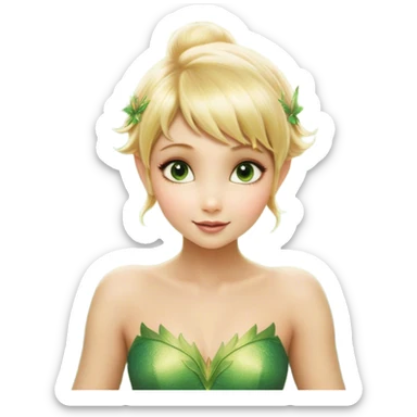 Cinematic Realistic Blonde Tinker Bell Fairy Portrait, depicted with lifelike, delicate skin glowing with a subtle radiant aura, soft natural lighting accentuating her gentle features, and intricately detailed golden blonde hair styled in a whimsical pixie cut. Her iridescent, translucent wings shimmer with delicate fairy dust, and her expressive, sparkling eyes reflect a world of magic. Adorned in a subtle blend of woodland greens and soft pastel accents, the portrait exudes an enchanting glow that seamlessly merges realism with fairy charm. sticker