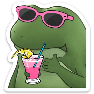 Bufo frog with pink sunglasses, holding a rainbow cocktail, in bufo style, transparent background sticker