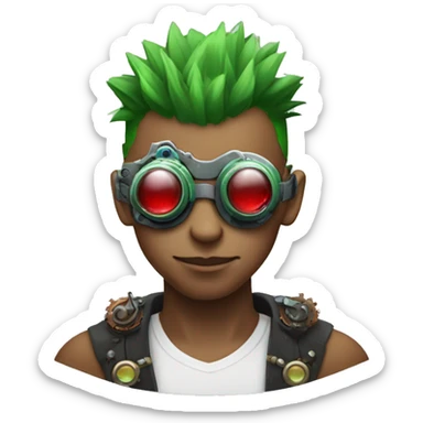 Male cyborg with thin red Mohawk and green steampunk goggles sticker