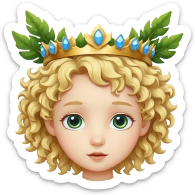 Cute Cupid character head with a large forehead, big bright blue eyes, and short, voluminous curly golden blond hair. A green leafy branch crown sits on the head. Stylized, colorful, cartoon look focused on innocence and cuteness. sticker
