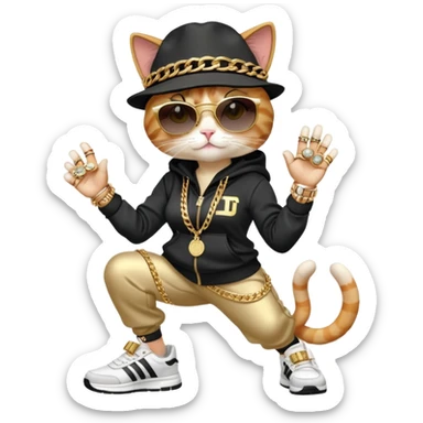 female cat wearing Run DMC hip-hop outfit with tracksuit, fedora, Adidas sneakers, dark sunglasses, many gold chains, rings, bracelets, flashy earrings, upright pose sticker