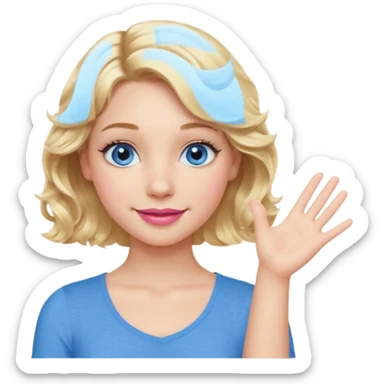 Girl Blonde short wavy hair,  blue eyes, cute blue top, long lashes, pink lips, smiling, one hand palm up side ways  sticker