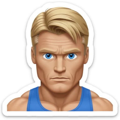 Dolph Lundgren with blue eyes, dark blonde hair, muscle body sticker