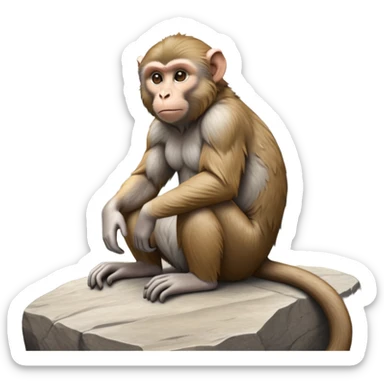 cinematic-macaque-realistic-full-body-sitting-emoji,-compact-muscular-frame-poised-on-a-rocky-outcrop,-short-curled-tail-resting-behind,-head-tilted-dramatically,-thick-dense-fur-in-warm-shades-of-brown-and-grey,-expressive-eyes-filled-with sticker