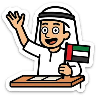 Edit the lively character to have an Emirates theme, wearing traditional Emirati attire and showing the UAE flag in the classroom, with no background. sticker