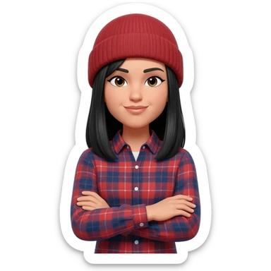 White curvy female with straight black hair wearing a beanie and standing with arms crossed wearing a plaid shirt sticker