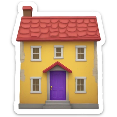 A house with a red roof on the yellow outside and a purple door sticker