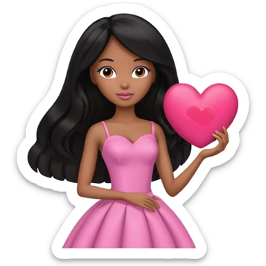 Black barbie, long black  hair, pink dress holding big heart that  visibly says "daily heart me" sticker