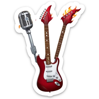 Create a fierce and edgy emoji representing hardcore rock vocal performance in a humanless collage. The design should feature a vintage microphone at the center, Add crossed drumsticks behind the microphone to symbolize the rhythm and power of the drums. surrounded by a menacing, distorted electric guitar with sharp, aggressive angles. Include subtle elements like lightning bolts, flames, or jagged sound waves to evoke the raw energy and intensity of hardcore rock. Use dark, intense colors like black, red, and silver, with a metallic, gritty finish to convey the rebellious, aggressive spirit of the genre. The background should be transparent. sticker