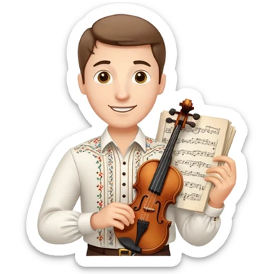 a happy guy in a white Ukrainian embroidered shirt, holding sheet music in one hand and a violin key in the other sticker