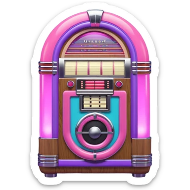 3D render of Jukebox, vintage 1980s audio equipment aesthetic, tactile analog buttons, neon pink and purple light tubes with chrome trim, mixed wood grain and brushed aluminum textures, Apple emoji style, isolated on white background --v 6.0 sticker