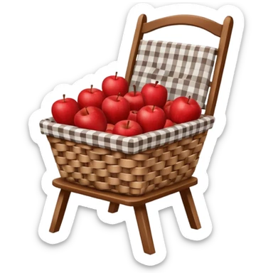 woven basket with apples and white checkered cloth on a white wooden chair, brown sticker