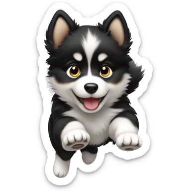black and white pomsky puppy jumping sticker