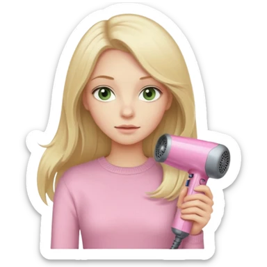 blonde girl with pale green eyes, long hair, beige sweater, and pink Dyson hair dryer, iOS emoji style sticker
