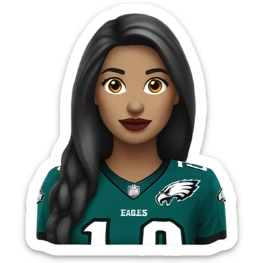 White female long dark hair red lips wearing Philadelphia Eagles jersey sticker