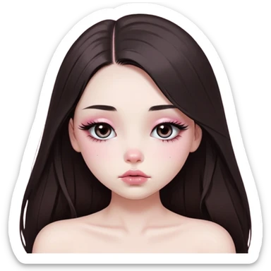 girl with white skin, dark brown long realistic straight hair with middle part prominently falling in front of her body over her shoulders, very big pouty extra shiny lips with absolutely no cupid's bow, big round shiny eyes with black eyeballs and huge eyelashes, no eyeshadow, pink blush on cheeks, lighter button nose, very long oval-shaped face, wearing a pink off-shoulder top, looking directly at camera with hands down at sides sticker