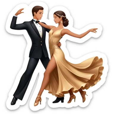 Icon for Ballroom Dancing: a couple in an elegant dance pose, with flowing dresses and tuxedos, surrounded by dance floor lights. The icon should convey the grace and elegance of ballroom dance, with focus on movement and precision. Transparent background. sticker