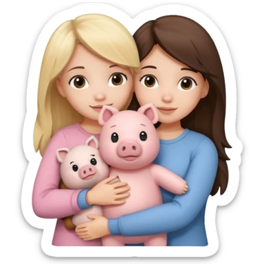 Girlfriends, blonde and brunette, hugging each other with a teddy bear and a little pig sticker