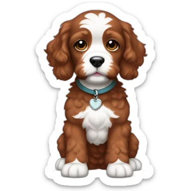 Full body reddish brown baby cockapoo with white patch on chest sticker