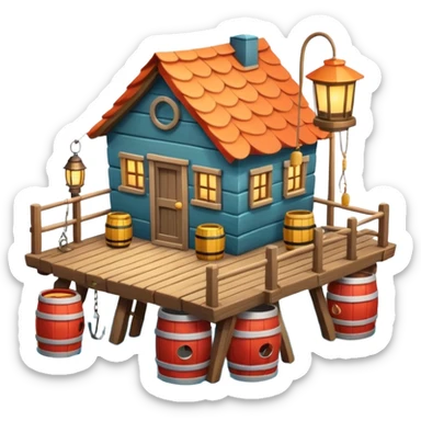 
fisherman house on a wooden pier, small dock, fishing nets hanging, barrels, lantern, ocean vibe, 3D cartoon, cute mobile game icon, clean background, no text
 sticker