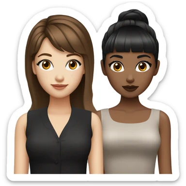 Two white girlfriends. One with brown hair in square, the other with black hair, bangs and a square. In fashionable clothes and beautiful modern makeup sticker