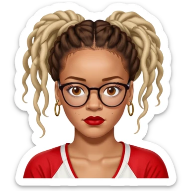Rihanna must have freckles on nose soccer mom with updo dreadlocks from east Caribbean wearing a red and white jersey and cateye eyeglasses sticker